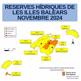 Mapa de la situación de las reservas hídricas de Baleares en el mes de noviembre de 2024