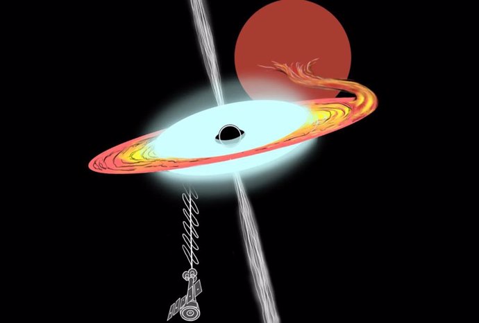 Esta ilustración muestra la nave espacial Imaging X-ray Polarimetry Explorer (IXPE) de la NASA, en la parte inferior izquierda, observando el sistema binario recién descubierto Swift J1727.8-1613 desde la distancia.