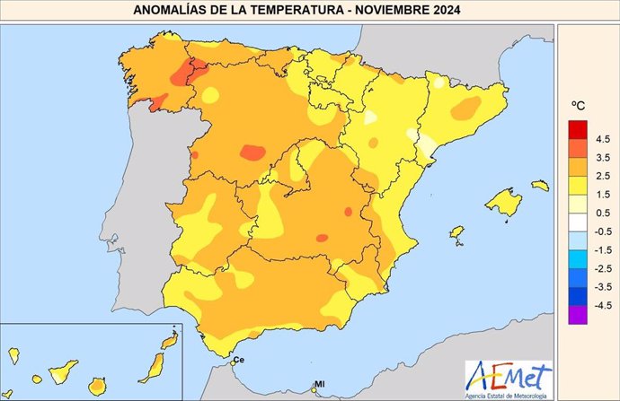 Anomalías de la temperatura en noviembre de 2024 respecto al promedio 1991-2020.