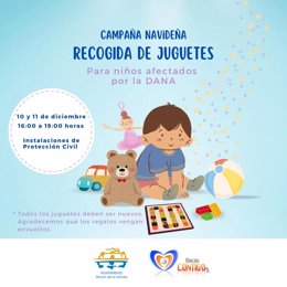 Cartel de la campaña de recogida de juguetes para niños de familias afectadas por la DANA en Rincón de la Victoria.