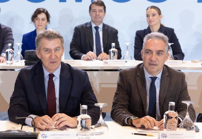 El president del Partit Popular, Alberto Núñez Feijóo (e) i el sotssecretari de Coordinació Autonmica i Local del PP, Elías Bendodo (d), durant la Junta Directiva Nacional del Partit Popular, a l'Hotel Eurostars Madrid Tower.