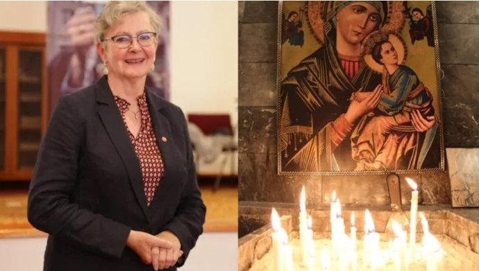 A la izquierda, la presidenta ejecutiva de ACN Internacional, Regina Lynch. A la derecha, el icono de la Virgen María en una iglesia de Homs, Siria.