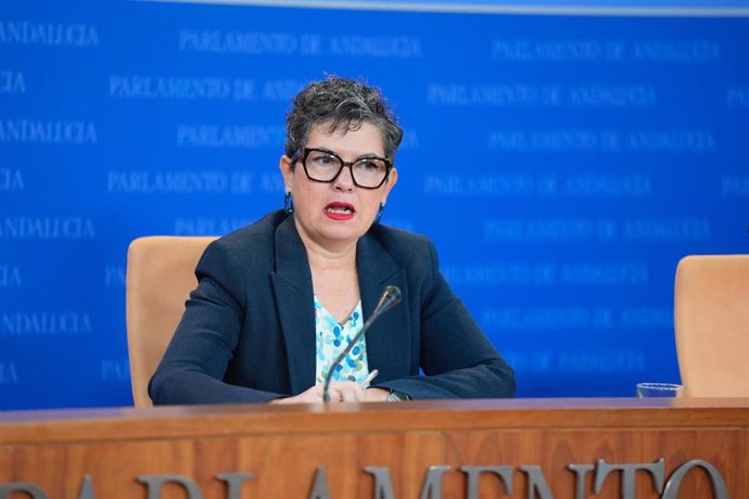 La presidenta del Grupo Parlamentario Mixto-Adelante Andalucía, Maribel Mora, este martes en rueda de prensa.