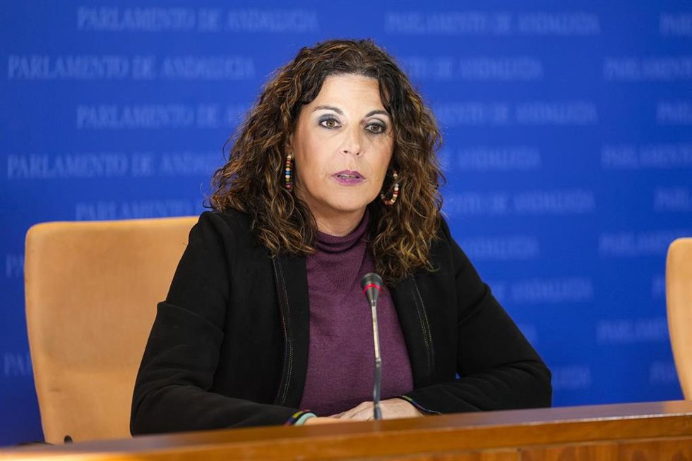 La portavoz del Grupo Parlamentario Socialista, Ángeles Férriz, durante la ronda de ruedas de prensa de portavoces de los grupos parlamentarios en el Parlamento de Andalucía, a 10 de diciembre de 2024 en Sevilla (Andalucía, España). Los portavoces de lo
