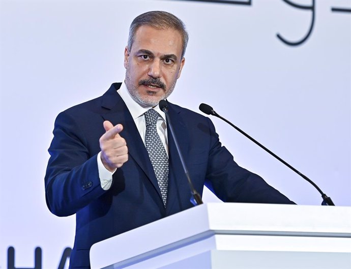 DAMASCUS, Dec. 9, 2024  -- Turkish Foreign Minister Hakan Fidan speaks at a press conference during the Doha Forum 2024 in Qatar, Dec. 8, 2024.