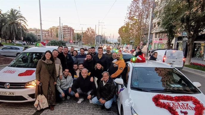 Taxistas participantes en la iniciativa Taxiluz junto a los concejales.