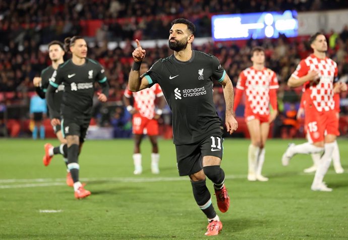 10 December 2024, Spain, Girona: Liverpool's Mohamed Salah celebrates scoring his side's first goal during the UEFA Champions League soccer match between Girona and Liverpool at Estadi Montilivi. Photo: Liam Mcburney/PA Wire/dpa