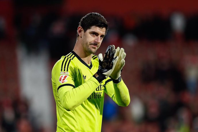 Thibaut Courtois of Real Madrid greeting the fans after the Spanish league, La Liga EA Sports, football match played between Girona FC and Real Madrid at Estadio de Montilivi on December 7, 2024 in Girona, Spain.