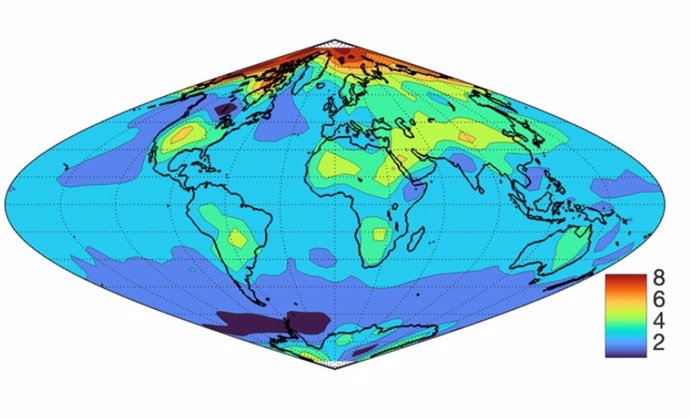 Mapa que muestra la anomalía de la temperatura global en grados Celsius causada por la duplicación de la concentración de dióxido de carbono a lo largo de un siglo.