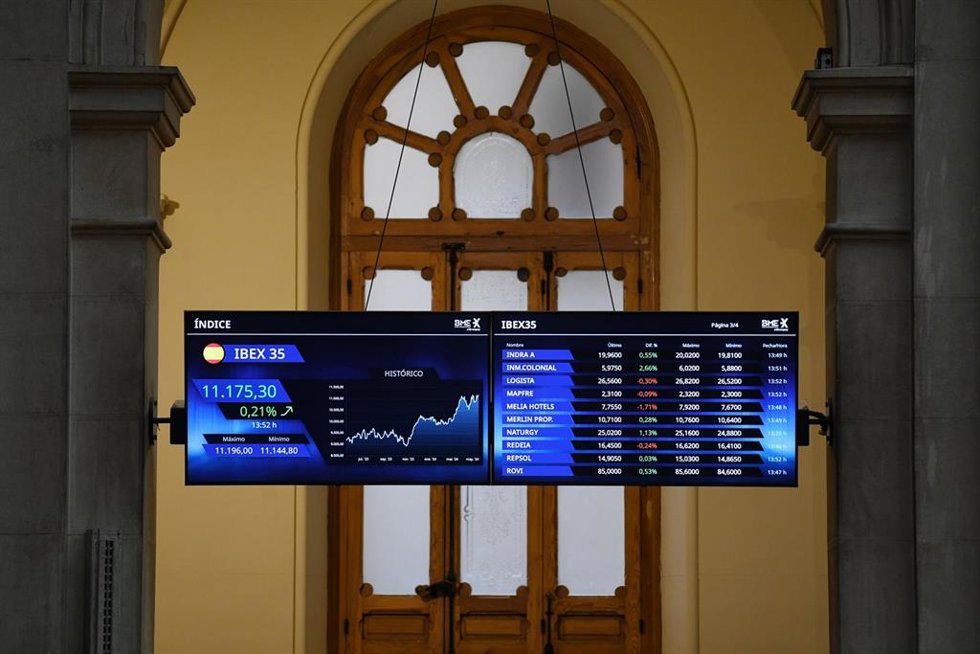 Archivo - Un panel del Ibex 35, en el Palacio de la Bolsa, a 14 de mayo de 2024, en Madrid (España). El Ibex 35 ha iniciado la sesión de hoy con una subida del 0,29%, lo que le ha llevado a situarse en los 11.184 puntos, en una jornada marcada por la pu