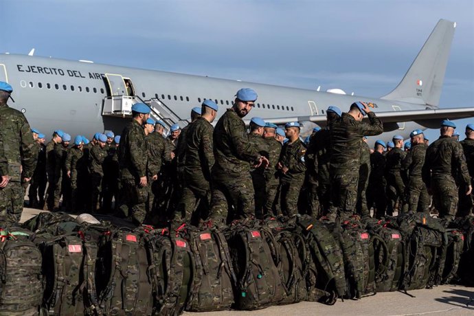 Los militares que componen la segunda rotación de la Brigada Líbano XLII (BRILIB XLII), en la Base Aérea de Torrejón