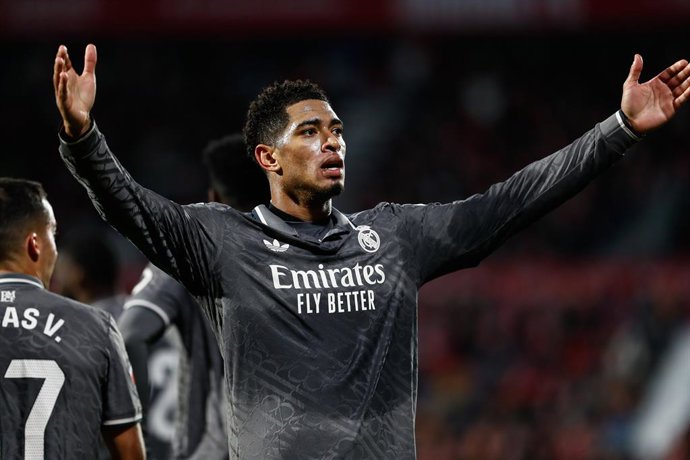 Jude Bellingham of Real Madrid celebrates a goal during the Spanish league, La Liga EA Sports, football match played between Girona FC and Real Madrid at Estadio de Montilivi on December 7, 2024 in Girona, Spain.