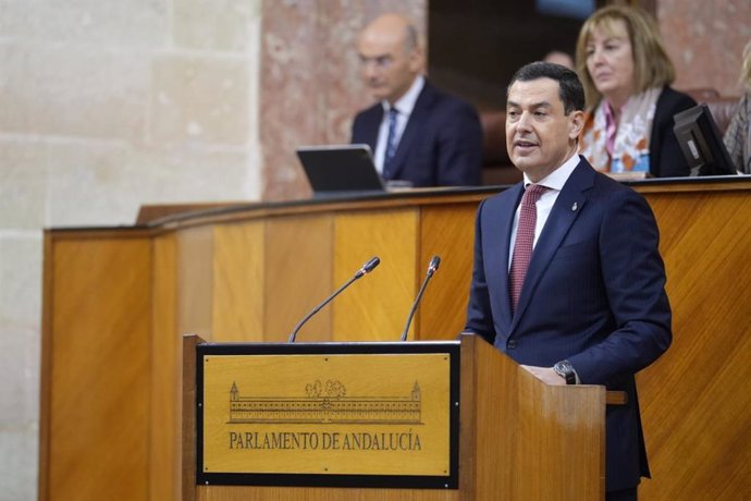 El presidente de la Junta de Andalucía, Juanma Moreno, este miércoles en su intervención de apertura del Debate sobre el estado de la Comunidad.