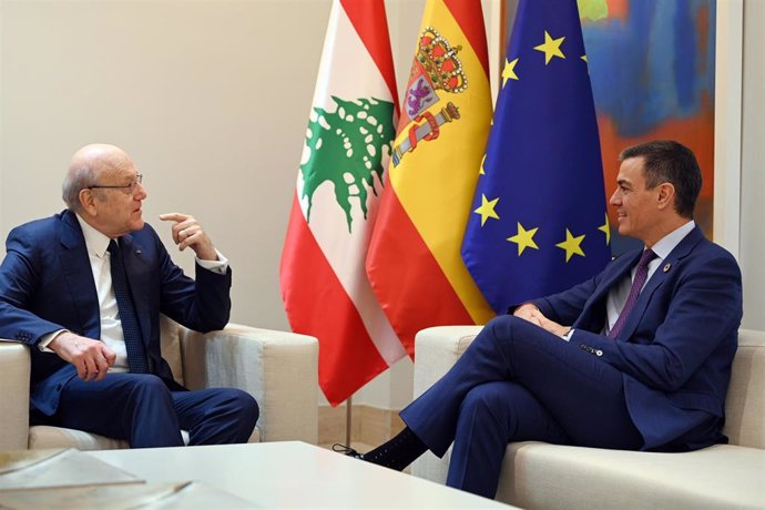 El presidente del Gobierno, Pedro Sánchez, y el primer ministro de Líbano, Nayib Mikati, durante su reunión en el Palacio de la Moncloa