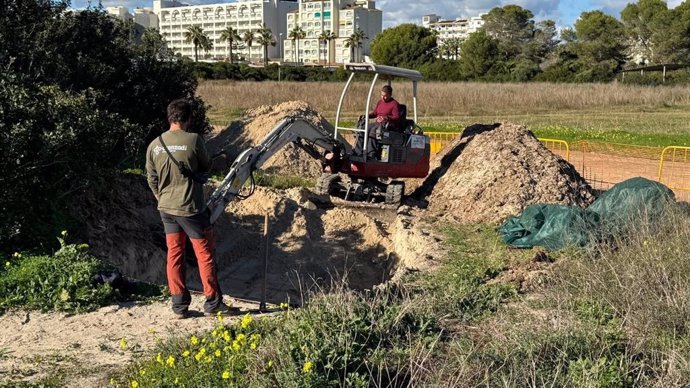 Excavación de una de las fosas de la playa de Sa Coma.