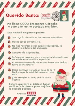 Carta a Santa Claus que CCOO Córdoba ha hecho llegar al delegado de Desarrollo Educativo con sus deseos para la educación pública.