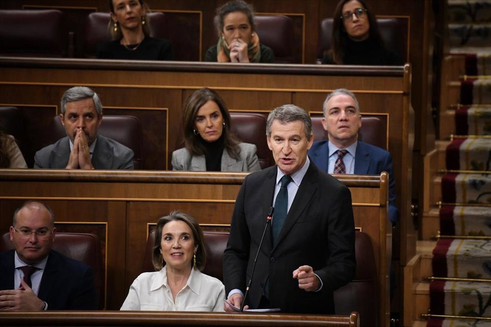 El presidente del PP, Alberto Núñez Feijóo, interviene durante una sesión de control al Gobierno en el Congreso de los Diputados, a 11 de diciembre de 2024, en Madrid (España).
