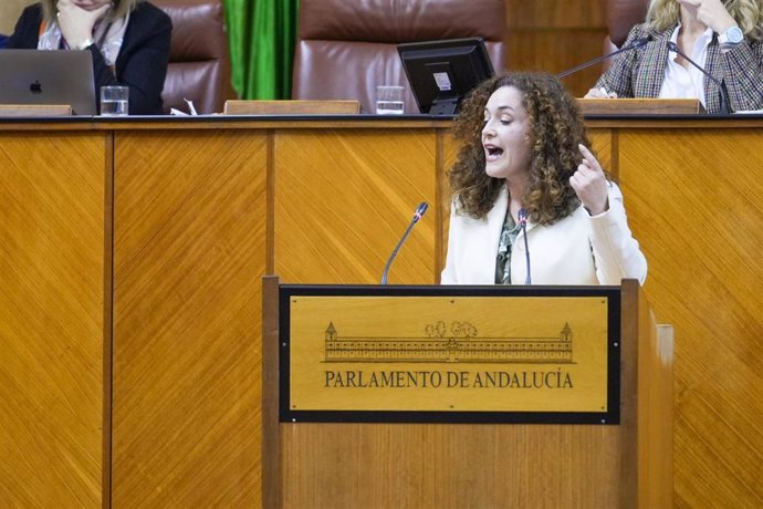 La portavoz del Grupo Por Andalucía, Inmaculada Nieto interviene durante el Debate sobre el Estado de la Comunidad. A 11 de diciembre de 2024, En Sevilla, Andalucía (España). El presidente de la Junta de Andalucía, Juanma Moreno, ha abierto en Sevilla el 