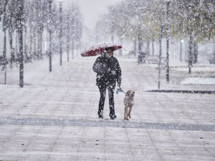 Archivo - Una mujer camina junto a su perro mientras nieva, a 28 de noviembre de 2021, en Pamplona, Navarra (España). 