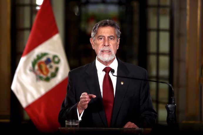 HANDOUT - 04 December 2020, Peru, Lima: Peruvian President Francisco Sagasti addresses nation, in a televised address from the Government Palace.