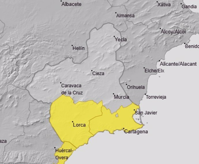 Cartagena y el Valle del Guadalentín, en aviso de nivel amarillo por lluvias en la madrugada de este viernes