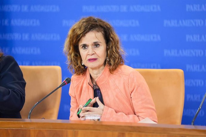 La portavoz adjunta del Grupo Por Andalucía, Esperanza Gómez Corona, en rueda de prensa en el Parlamento andaluz. (Foto de archivo).