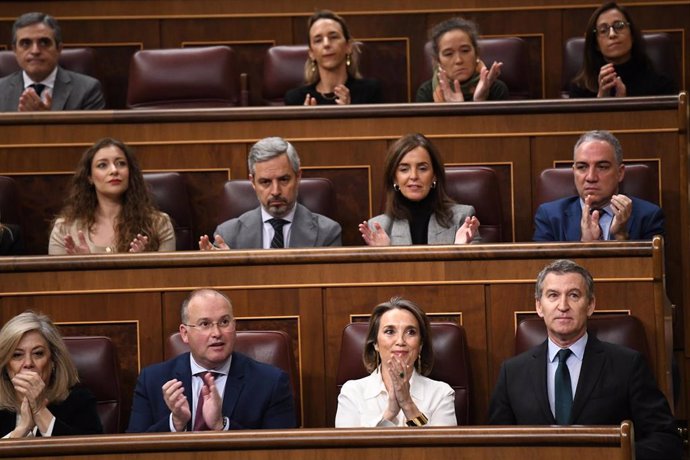 El portavoz del PP en el Congreso, Miguel Tellado; la secretaria generla del PP, Cuca Gamarra y el presidente del PP, Alberto Núñez Feijóo, en el Congreso de los Diputados, a 11 de diciembre de 2024, en Madrid (España). 