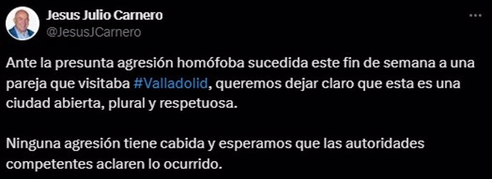 Mensaje de Jesús Julio Carnero en 'X' sobre la agresión homófoba del pasado fin de semana.