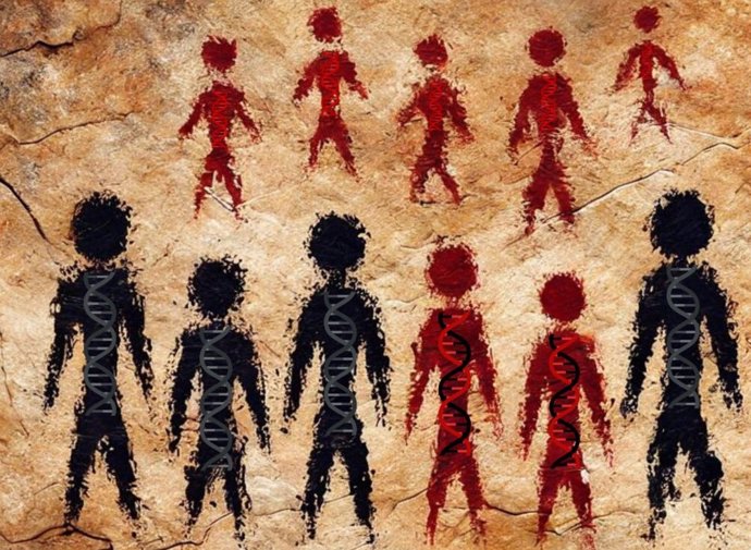 Ilustración de un encuentro entre un grupo de neandertales y un grupo de humanos modernos con descendencia (rojo, fila inferior) que muestra una ascendencia neandertal reciente, imaginada como una pintura de arte rupestre.