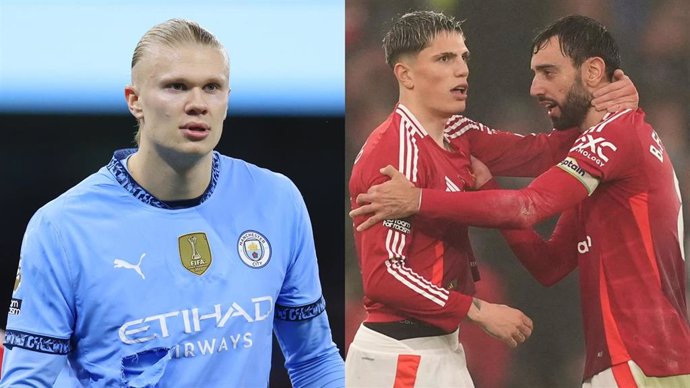 El futbolista Erling Haaland (Manchester City) y los jugadores del Manchester United Alejandro Garnacho y Bruno Fernandes.