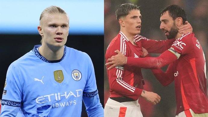 El futbolista Erling Haaland (Manchester City) y los jugadores del Manchester United Alejandro Garnacho y Bruno Fernandes.