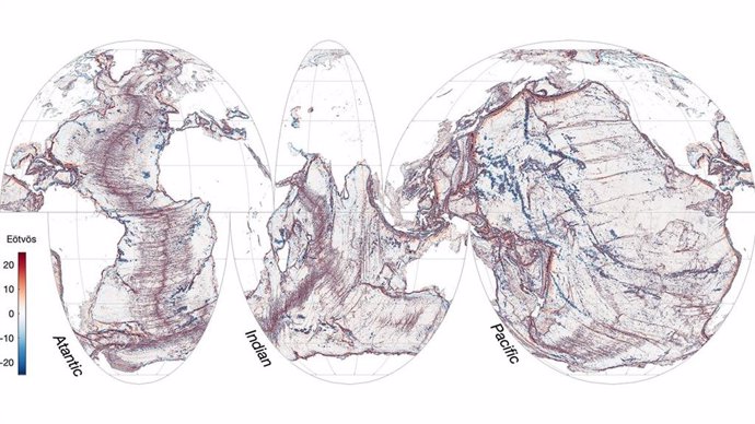 Utilizando datos de altimetría satelital de SWOT, los científicos han creado un mapa global de la gravedad marina, descubriendo miles de nuevos montes submarinos. (Eötvös es una unidad que mide el gradiente de gravedad vertical del océano).