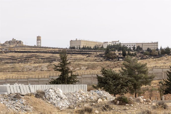 December 10, 2024, Seydnaya, Damascus, Syria: A lookout, a water tower and the prison are seen on a hilltop the prison grounds are located at on December 10, 2024 at Seydnaya Prison, Syria. People have spent days searching the notorious prison for evidenc