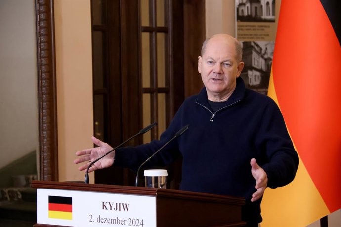 December 2, 2024, Kyiv, Ukraine: KYIV, UKRAINE - DECEMBER 2, 2024 - Federal Chancellor of Germany Olaf Scholz attends a joint briefing with President of Ukraine Volodymyr Zelenskyy, Kyiv, capital of Ukraine.