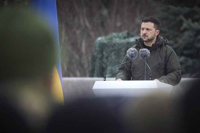 December 6, 2024, Kiev, Kyiv Oblast, Ukraine: Ukrainian President Volodymyr Zelenskyy, delivers an address during an award ceremony honoring the defenders of Ukraine on Ukrainian Armed Forces Day, December 6, 2024 in Kyiv, Ukraine.