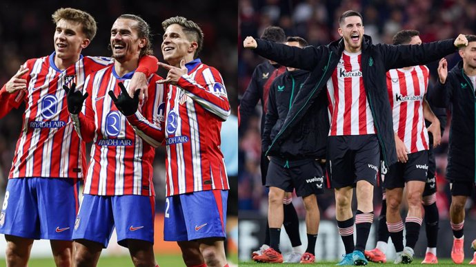 Los jugadores del Atlético de Madrid Pablo Barrios, Antoine Griezmann y Giuliano Simeone, y el del Athletic Club Oihan Sancet.