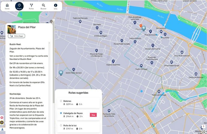 Aspecto del mapa interactivo de la ciudad con los actos y puntos de interés para estos días navideños que ha puesto en marcha el Ayuntamiento de Zaragoza.