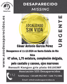 Cartel de SOS Desaparecidos indicando que el hombre ha sido localizado sin vida