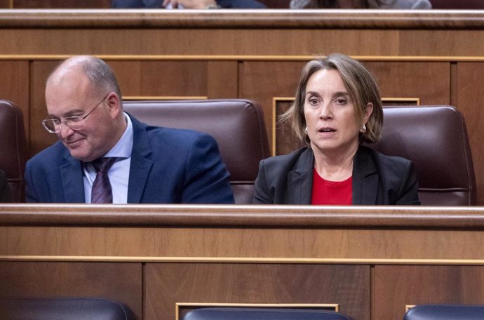 Archivo - El portavoz del PP en el Congreso, Miguel Tellado y la secretaria general del PP nacional, Cuca Gamarra, durante una sesión plenaria, en el Congreso de los Diputados, a 22 de octubre de 2024, en Madrid (España). El Congreso vota la toma en consi