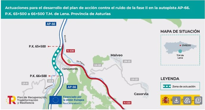 Mapa de licitación de las obras para reducir el ruido en la autopista AP-66, a su paso por Lena.