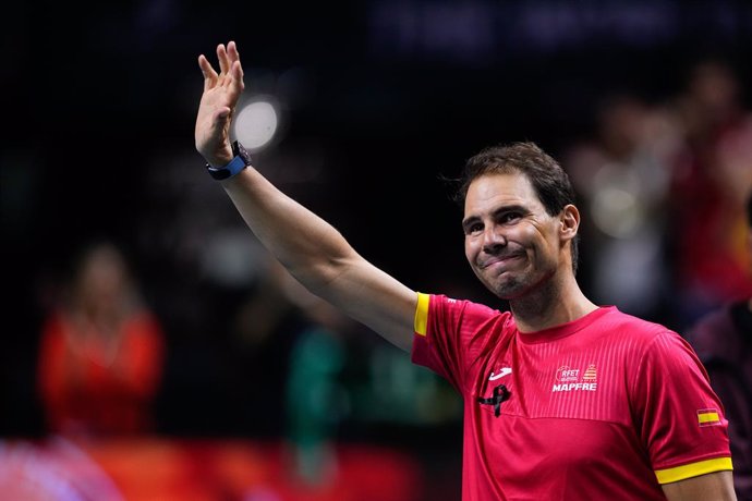 Rafael Nadal of Spain during the tribute to his career in his farewell to professional tennis during the Davis Cup 2024 at Martin Carpena Pavilion on November 19, 2024, in Malaga, Spain