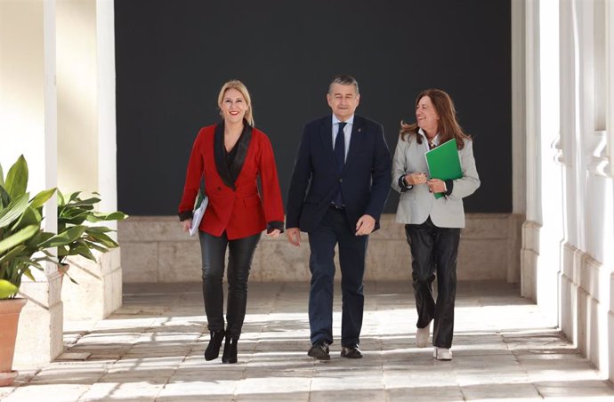 Carolina España, Antonio Sanz y María del Carmen Castillo en el Palacio de San Telmo de camino a la rueda de prensa posterior a la reunión semanal del Consejo de Gobierno