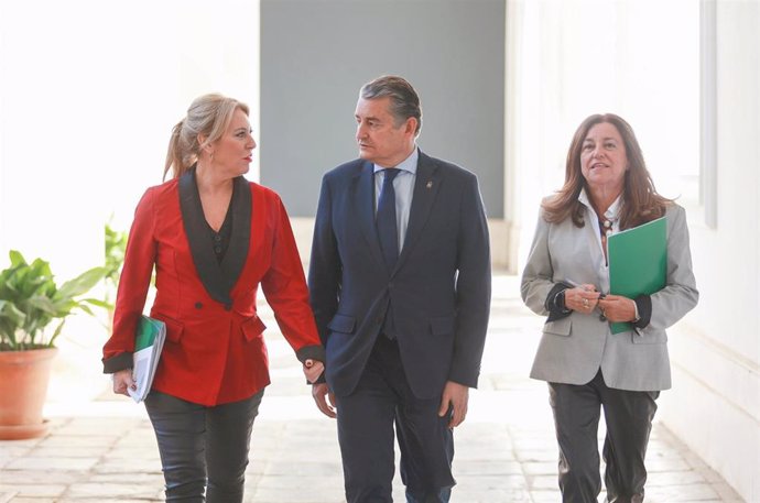 La consejera de Economía y portavoz del Gobierno, Carolina España; el consejero de la Presidencia, Antonio Sanz, y la consejera de Desarrollo Educativo, Carmen Castillo, antes del inicio de la rueda de prensa posterior al Consejo de Gobierno. 