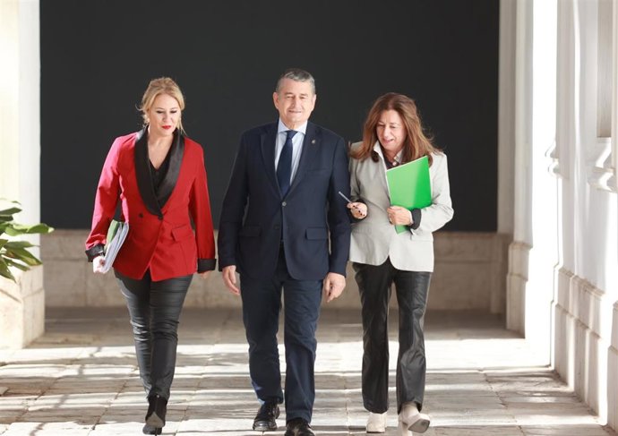 El consejero de la Presidencia, Interior, Diálogo Social y Simplificación Administrativa, Antonio Sanz; la consejera de Economía, Hacienda y Fondos Europeos y portavoz del Gobierno, Carolina España (i); y la consejera de Desarrollo Educativo y Formación P