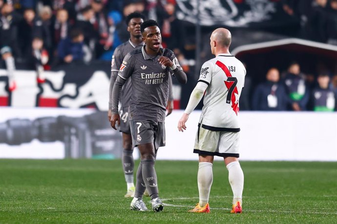 Vinicius Junior of Real Madrid protests during the Spanish League, LaLiga EA Sports, football match played between Rayo Vallecano and Real Madrid at Estadio de Vallecas on December 14, 2024, in Madrid, Spain.