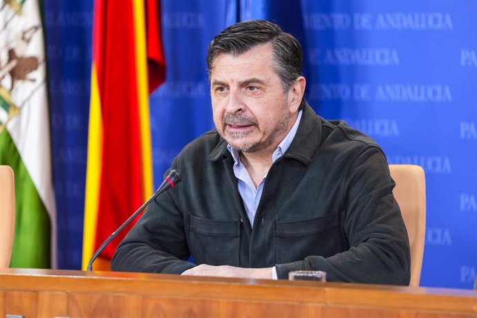 El portavoz del Grupo Parlamentario Popular, Toni Martín, durante la ronda de ruedas de prensa de portavoces de los grupos parlamentarios en el Parlamento de Andalucía, a 17 de diciembre de 2024 en Sevilla (Andalucía, España). Los portavoces de los grupos