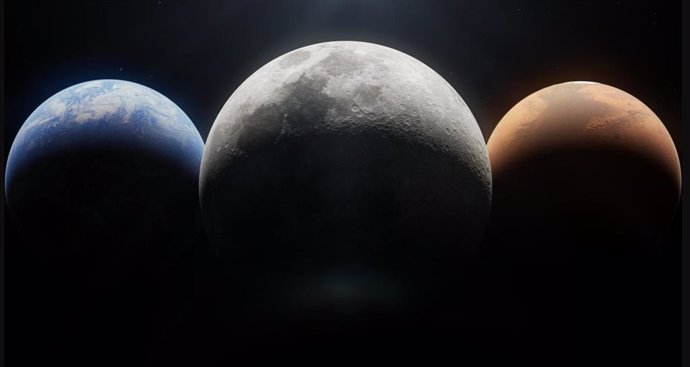 El concepto artístico de la Tierra, la Luna y Marte.