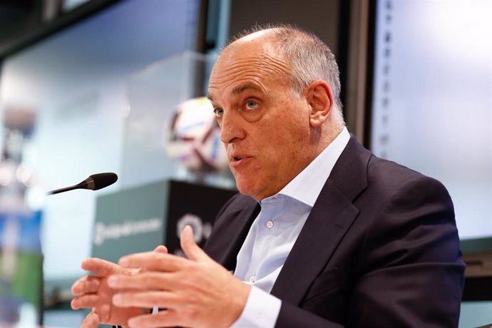 Archivo - Javier Tebas, President of LaLiga, attends his press conference at headquarters of LaLiga on May 25, 2023, in Madrid, Spain.