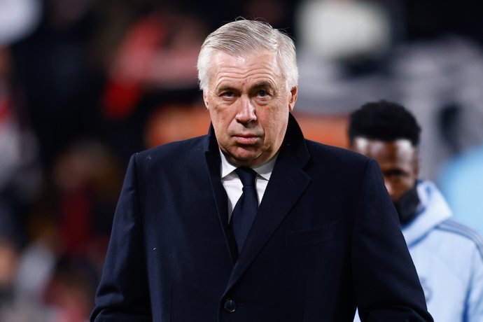 Carlo Ancelotti, head coach of Real Madrid, looks on during the Spanish League, LaLiga EA Sports, football match played between Rayo Vallecano and Real Madrid at Estadio de Vallecas on December 14, 2024, in Madrid, Spain.