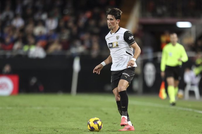 Jesus Vazquez of Valencia CF in action during the Spanish league, La Liga EA Sports, football match played between Valencia CF and Rayo Vallecano at Mestalla stadium on December 7, 2024, in Valencia, Spain.